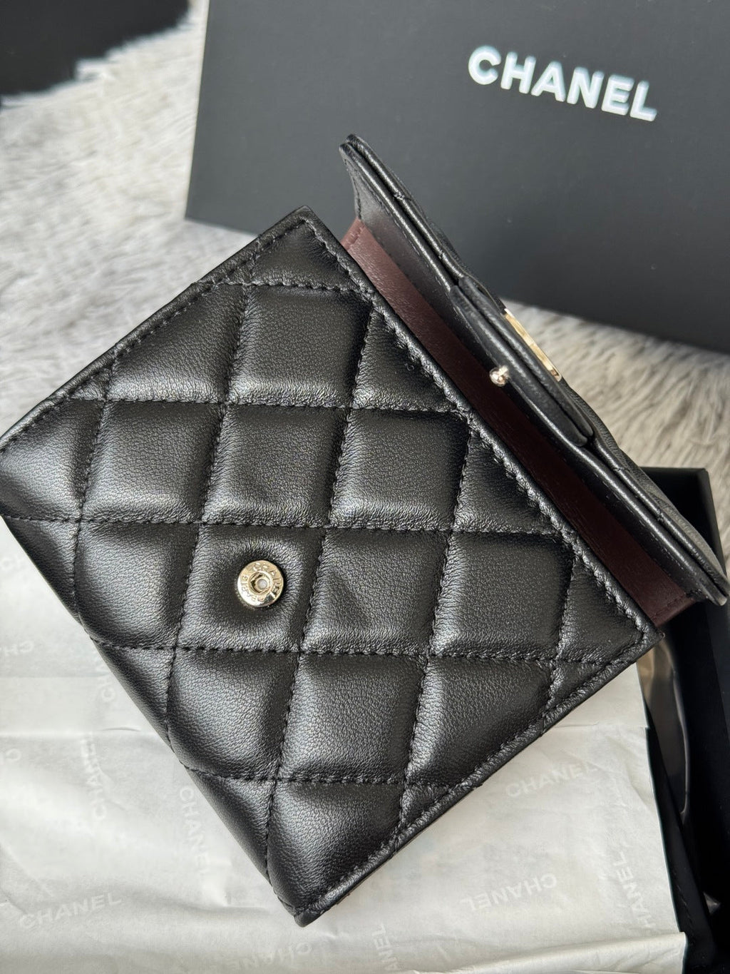 Chanel 25S Cf Small Tri Fold Wallet 11 in Black Lambskin Silver Hardware