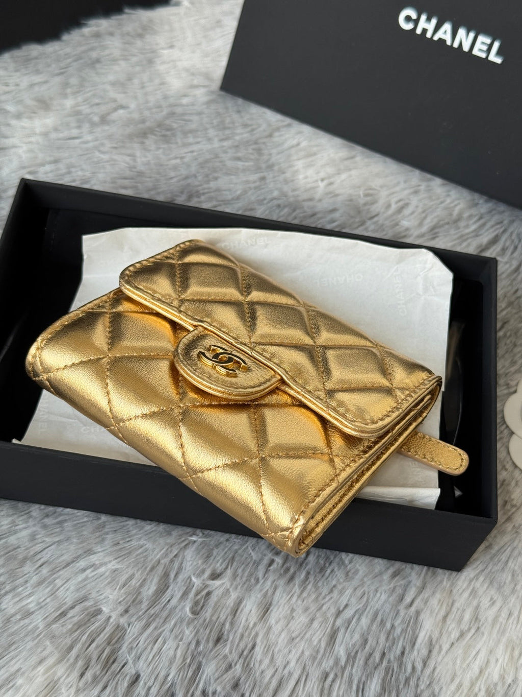Chanel 25S Cf Small Tri Fold Wallet 11 in Gold Caviar Gold Hardware
