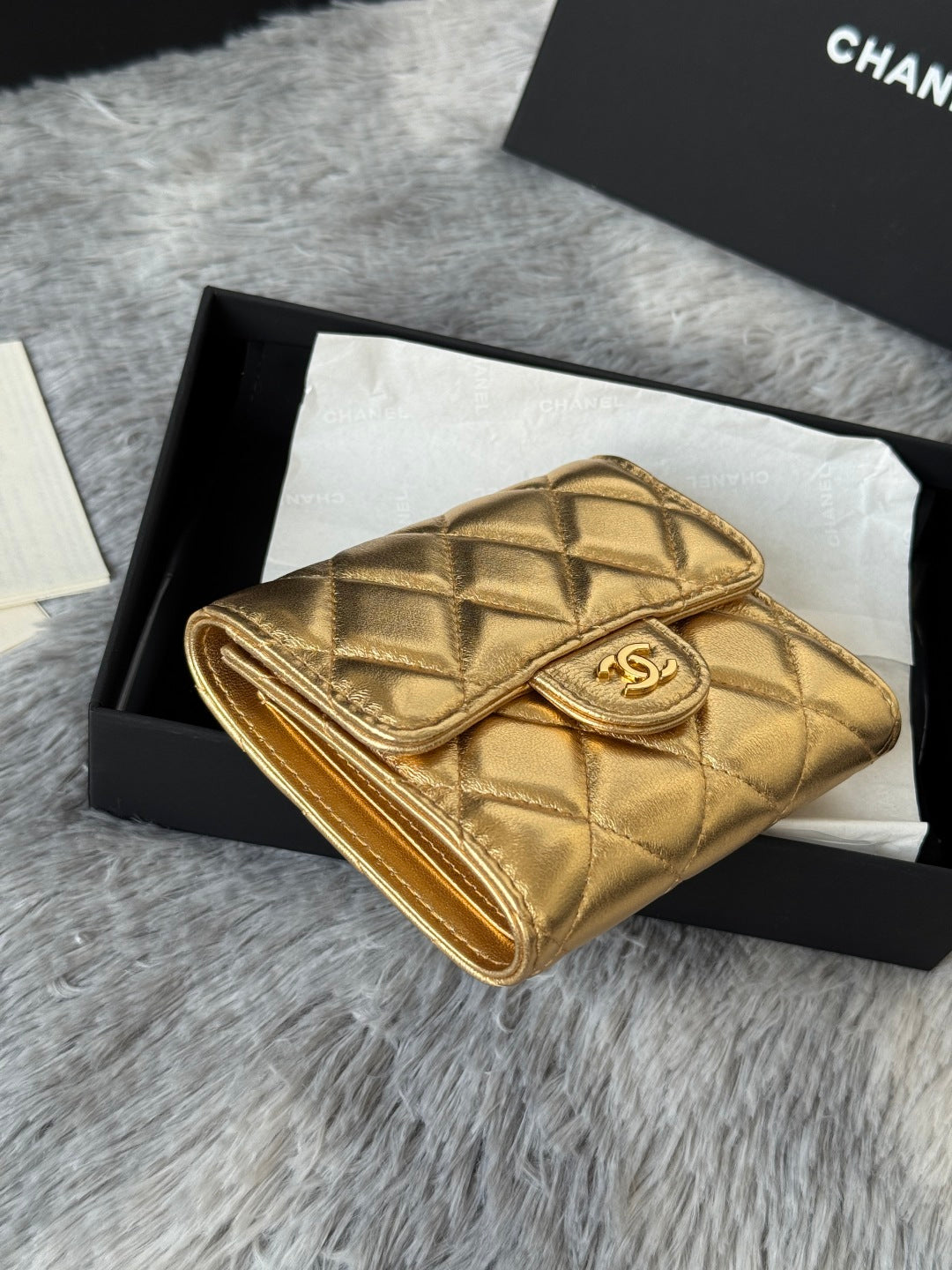 Chanel 25S Cf Small Tri Fold Wallet 11 in Gold Caviar Gold Hardware