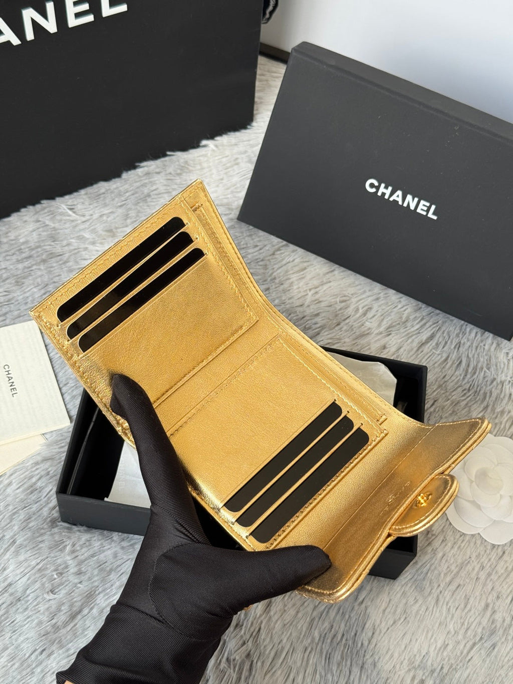 Chanel 25S Cf Small Tri Fold Wallet 11 in Gold Caviar Gold Hardware