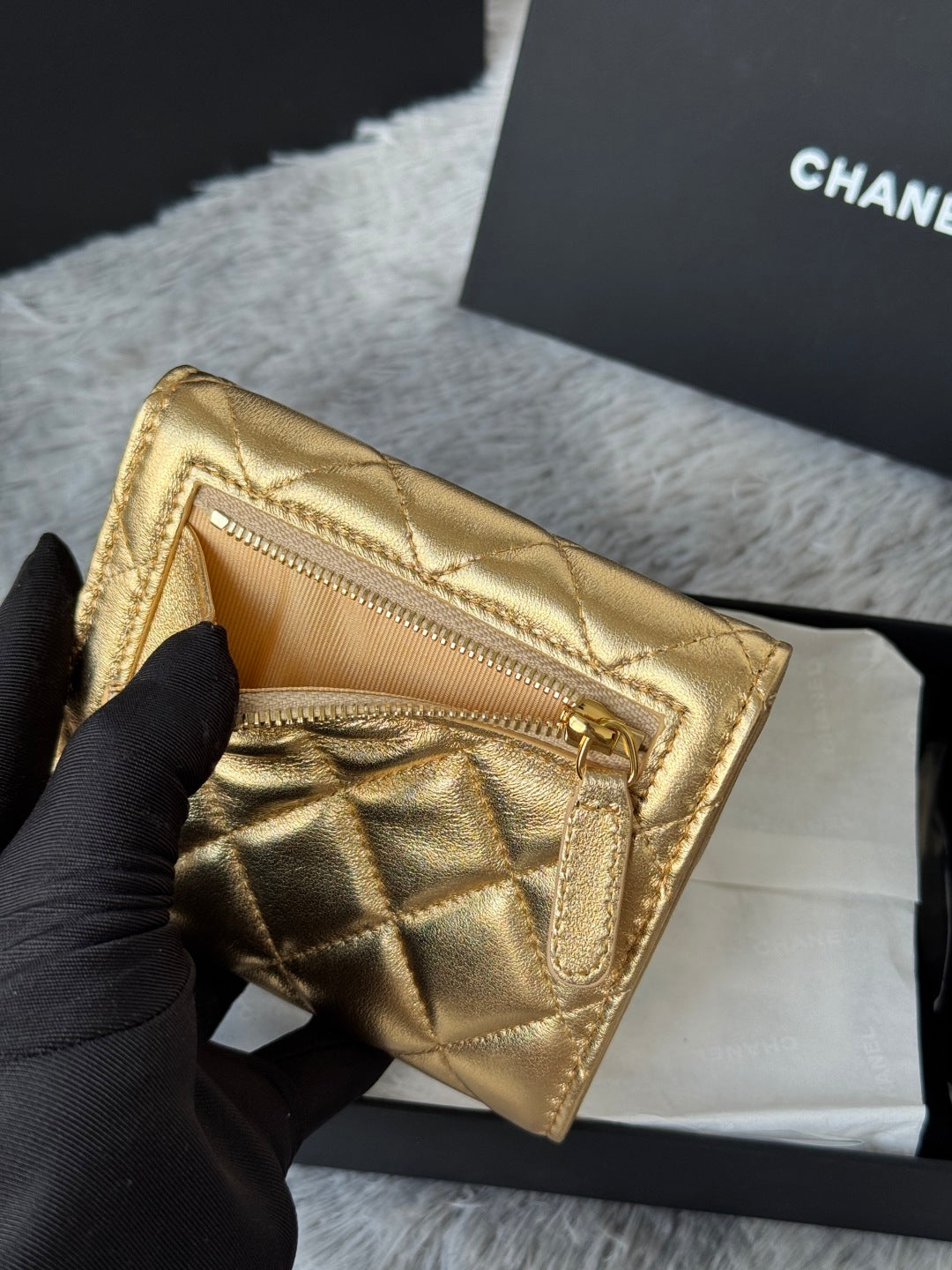 Chanel 25S Cf Small Tri Fold Wallet 11 in Gold Caviar Gold Hardware