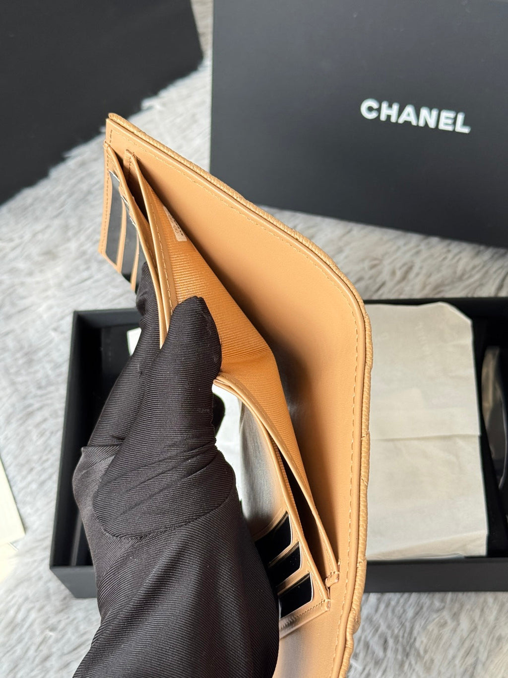 Chanel 25S Cf Small Tri Fold Wallet 11 in Golden Caramel Caviar Gold Hardware