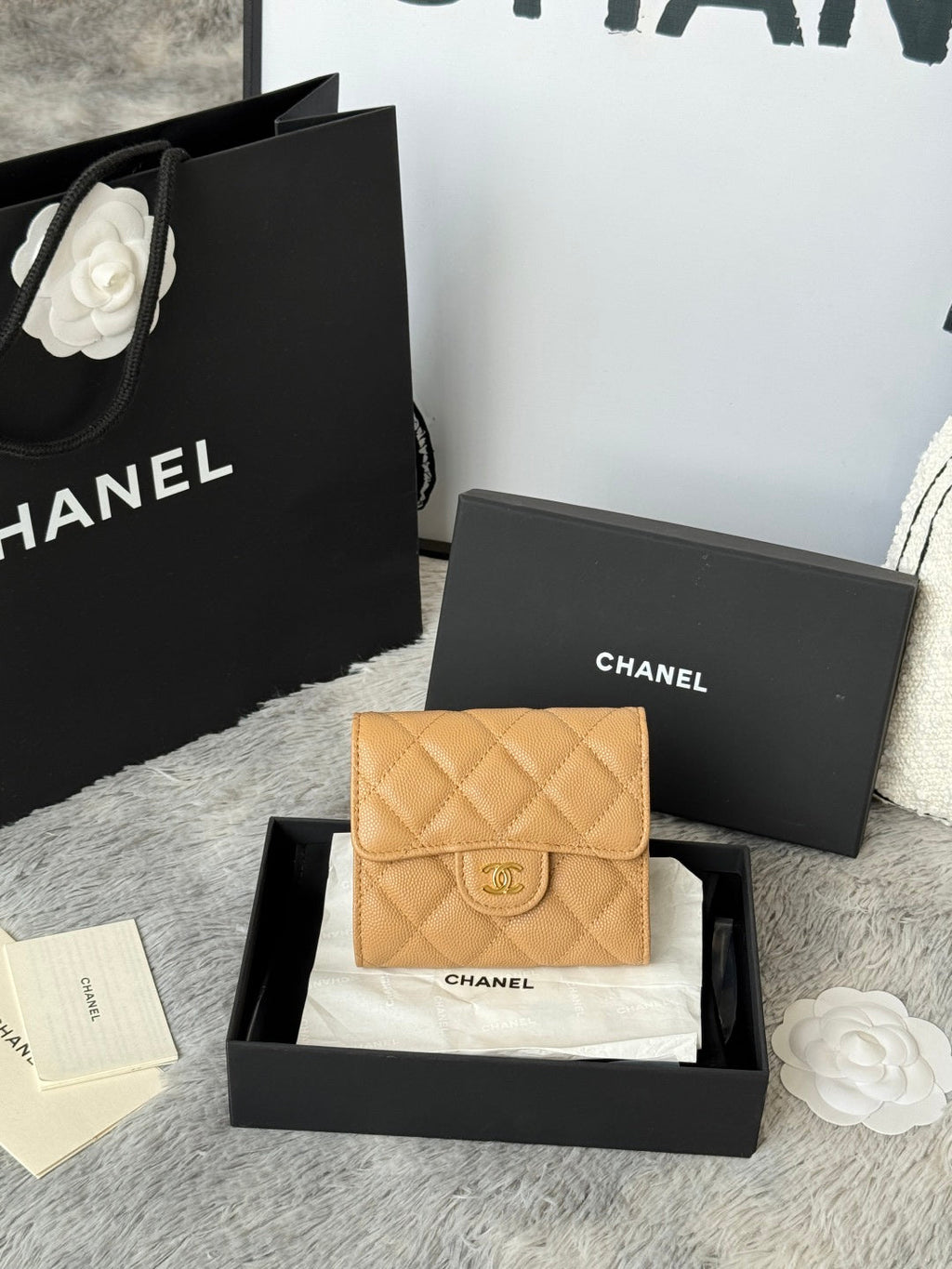 Chanel 25S Cf Small Tri Fold Wallet 11 in Golden Caramel Caviar Gold Hardware