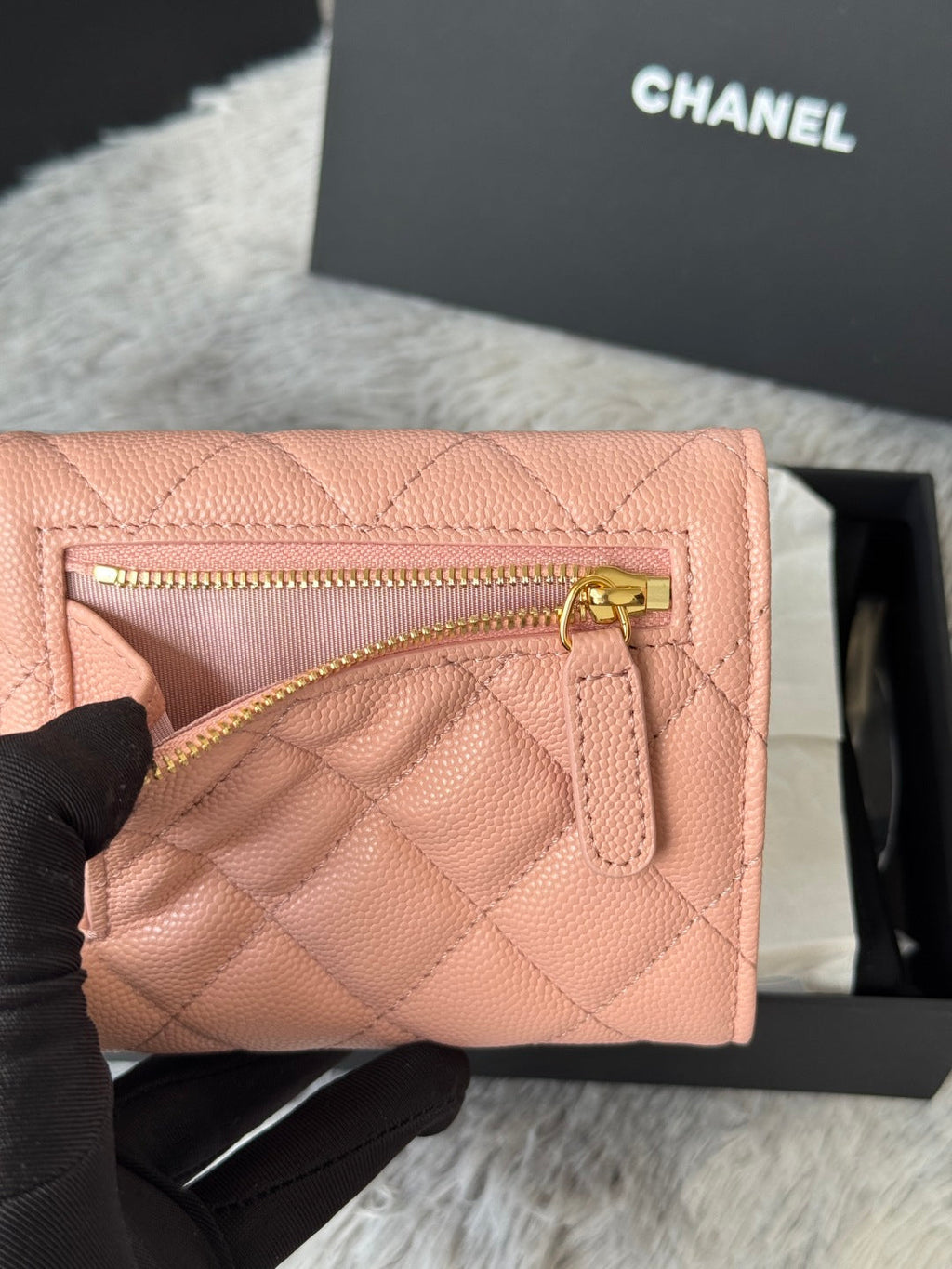 Chanel 25S Cf Small Tri Fold Wallet 11 in Peach Pink Caviar Gold Hardware