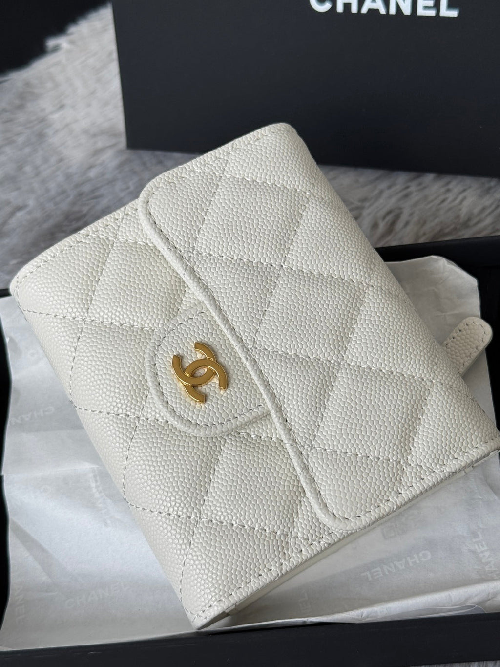 Chanel 25S Cf Small Tri Fold Wallet 11 in Ivory Caviar Gold Hardware