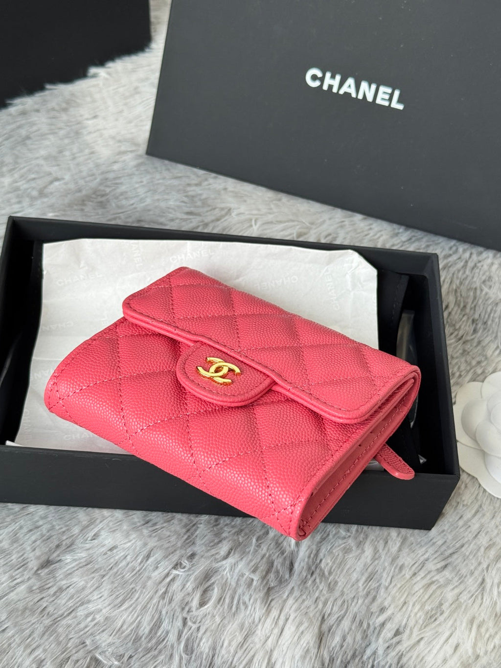 Chanel 25S Cf Small Tri Fold Wallet 11 in Watermelon Caviar Gold Hardware