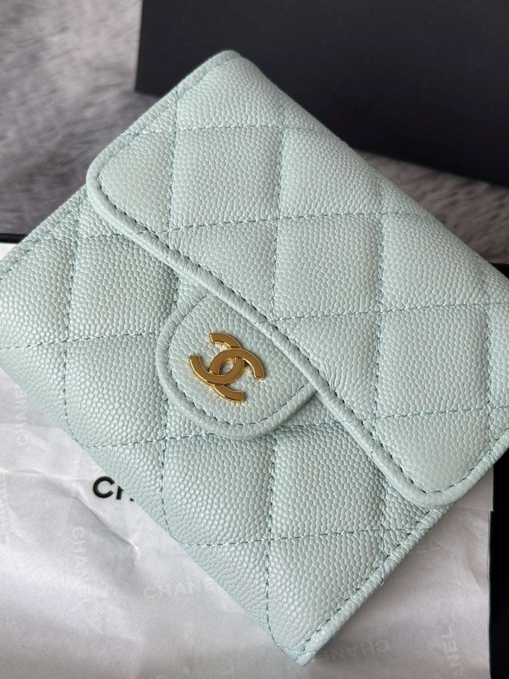 Chanel 25S Cf Small Tri Fold Wallet 11 in Soft Mint Caviar Gold Hardware