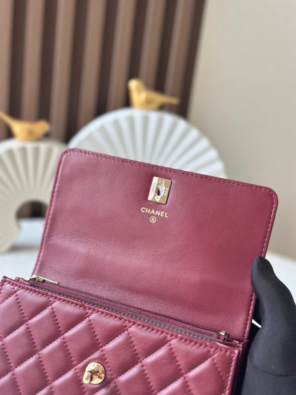Chanel 25S Top Handle Wallet 19 in Dark Red Calfskin with Gold Hardware