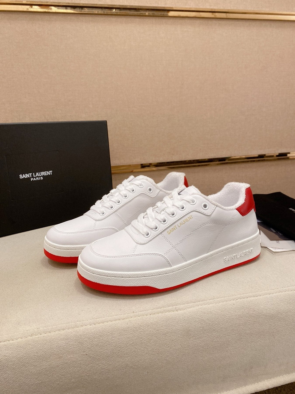 Saint Laurent White Red Perforated Low-Top Sneakers — side