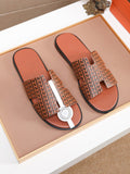 Hermes Brown Patterned H Slide Sandals — hero