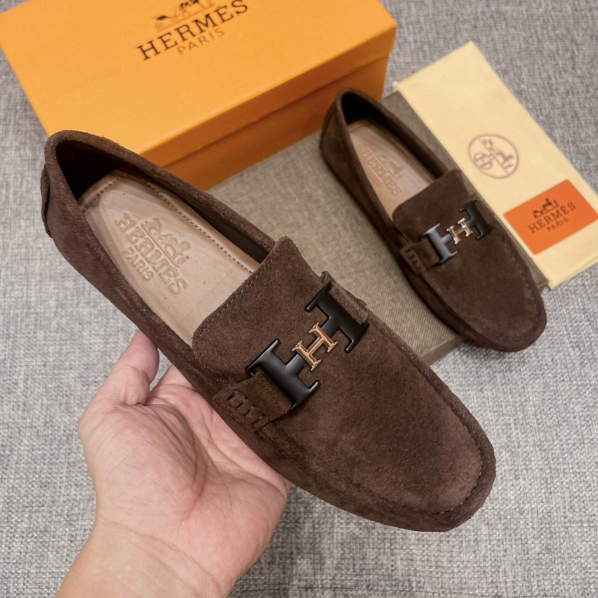 Hermès Brown Suede H Hardware Loafers — model