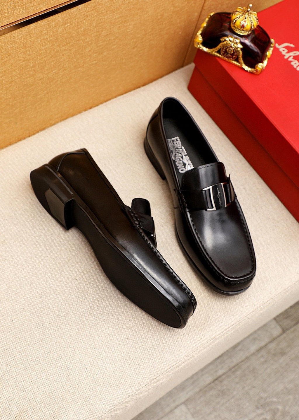 Ferragamo Black Buckle Loafers — front