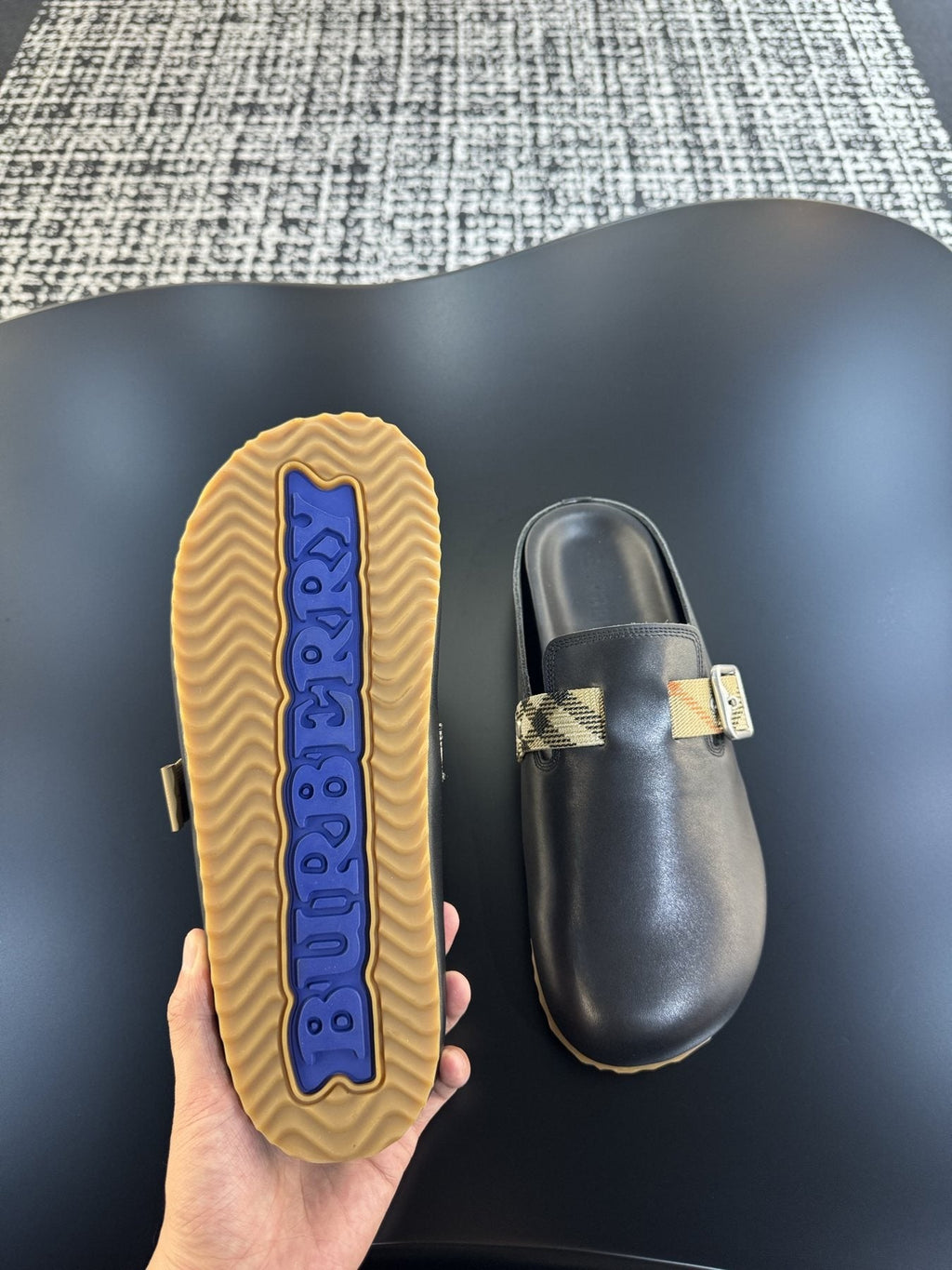 Burberry Black Plaid Buckle Mule Sandals — detail