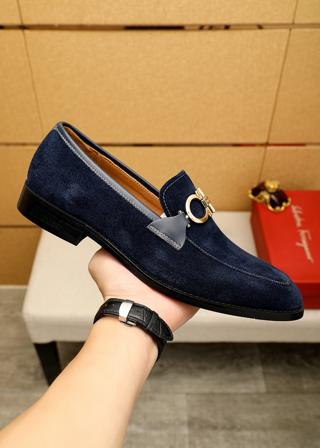 Ferragamo Navy Blue Hardware Loafers — model