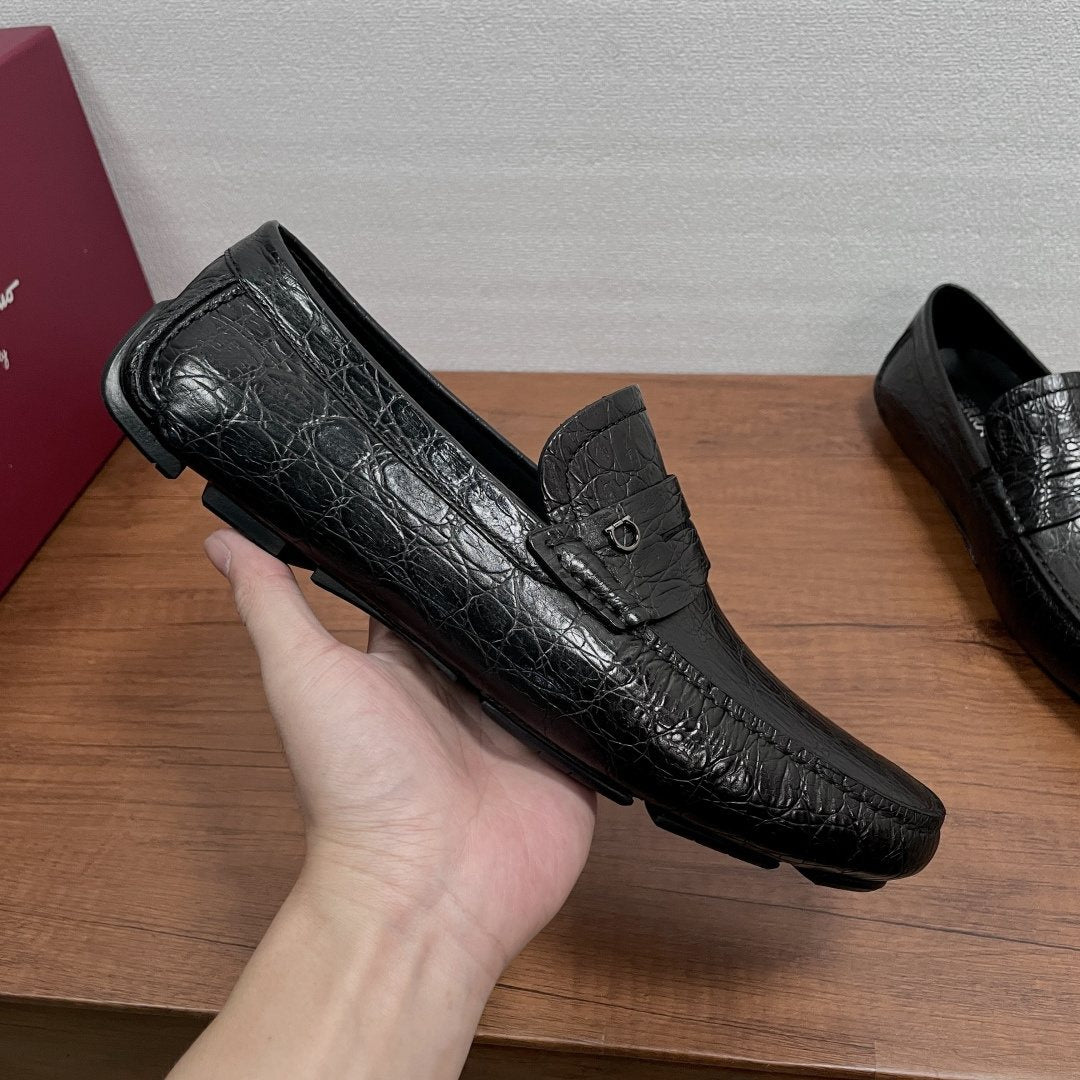 Ferragamo Black Crocodile-Embossed Driving Loafers — side