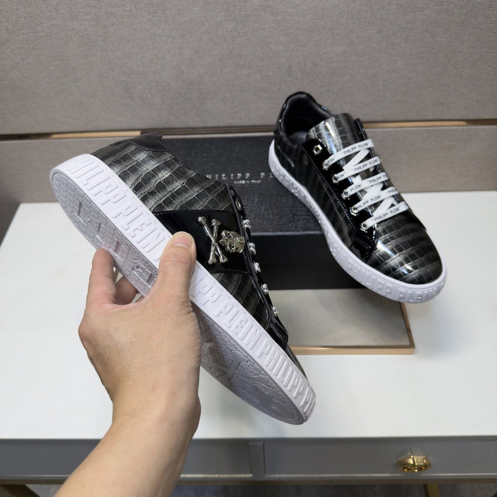 Philipp Plein Black and Gray Plaid Low-Top Sneakers — detail