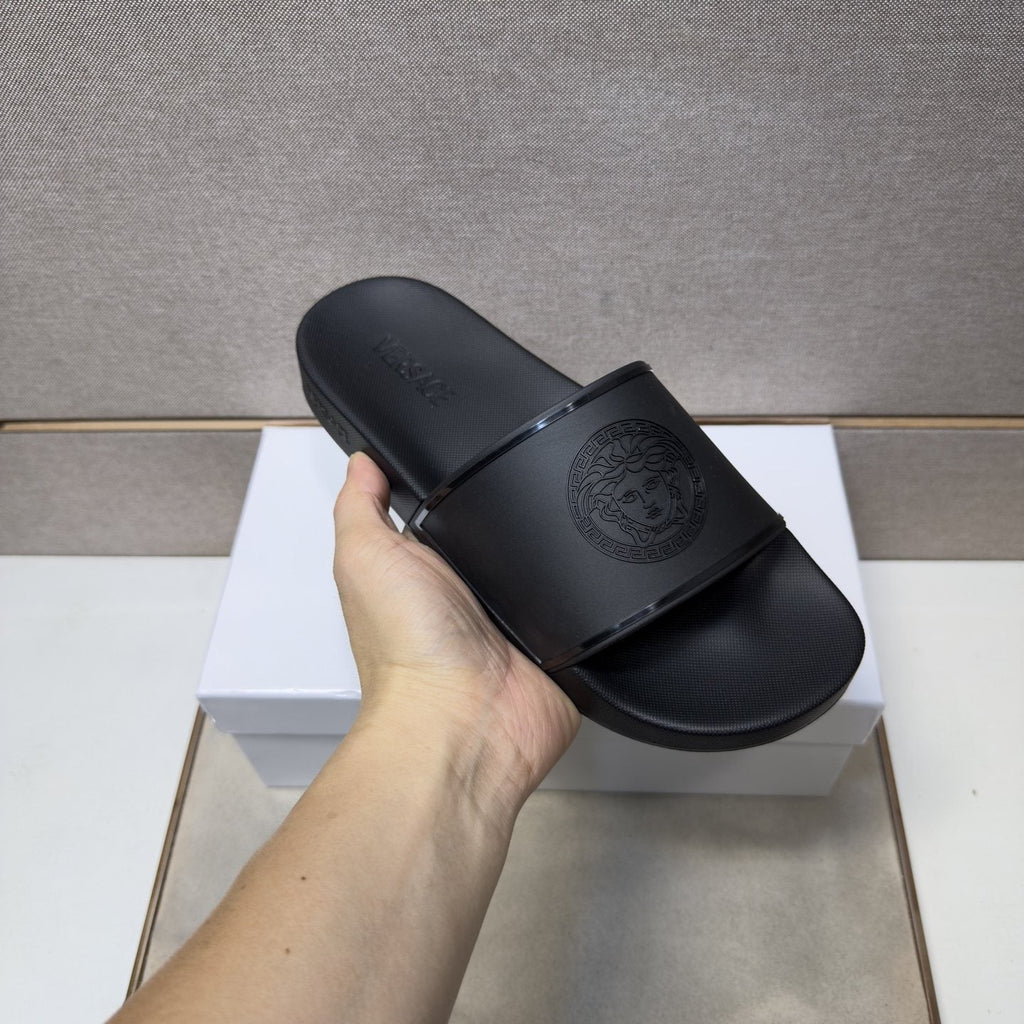 Versace Embossed Strap Slide Sandals — model