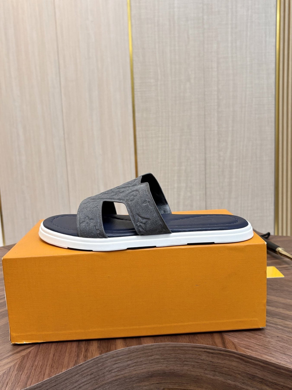 Louis Vuitton Embossed Navy Blue Slide Sandals — back