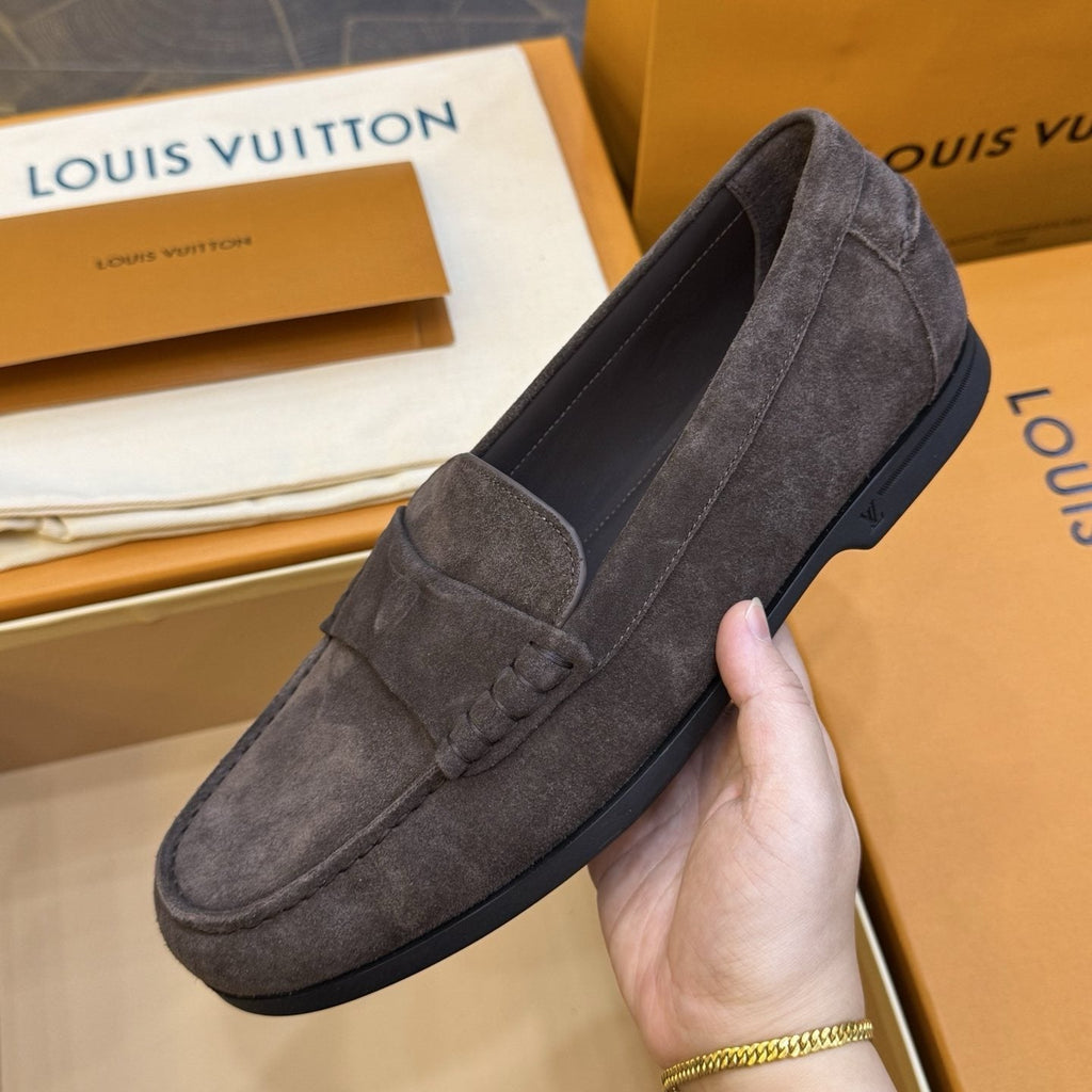 Louis Vuitton Charcoal Gray Suede Loafers — model