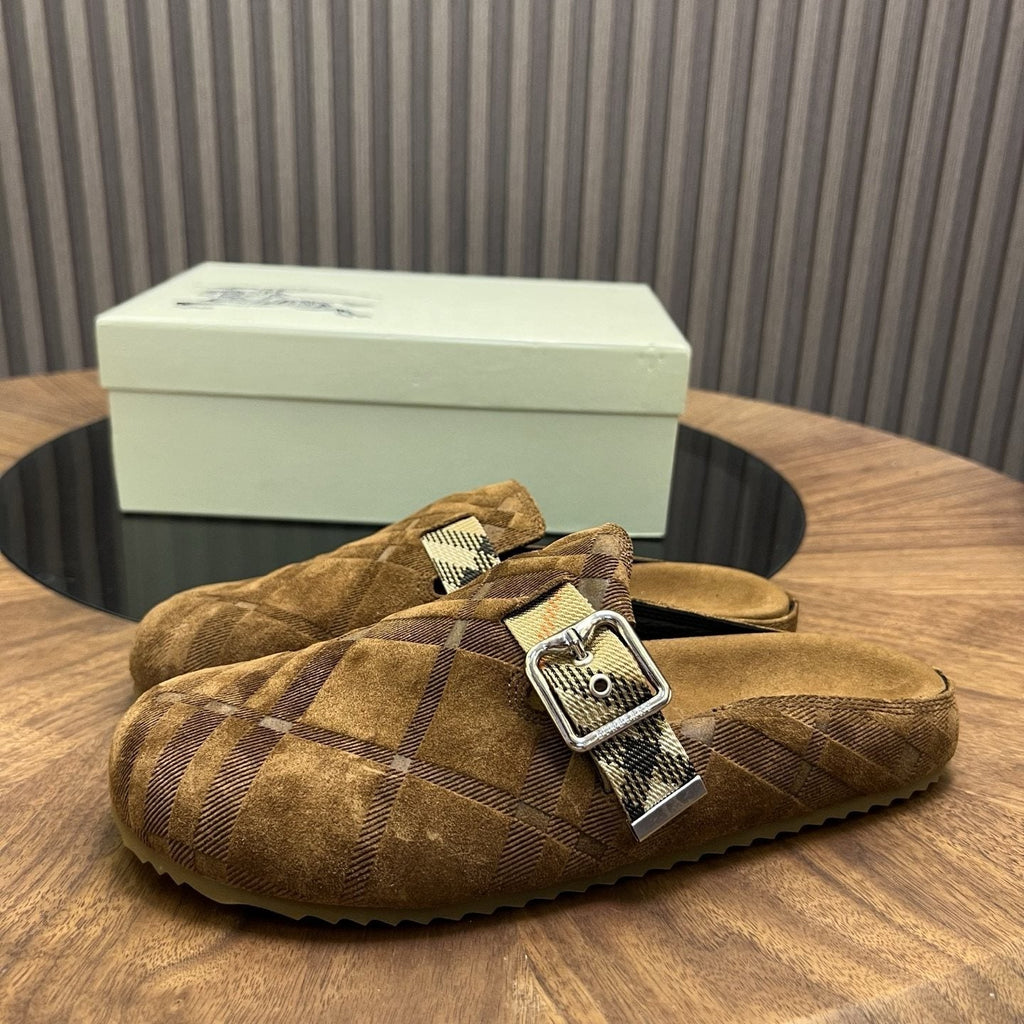 Burberry Brown Plaid Buckle Mule Slippers — front